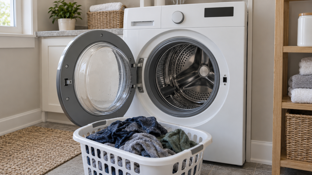 An open front-load washer with a basket of cold wet clothes beside it on the laundry floor and the drum empty.